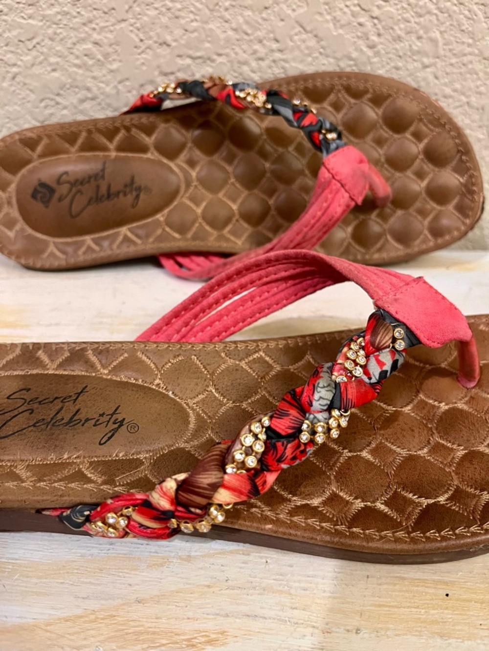 Secret Celebrity Coral Braided Thong Sandals with Embellished Accents